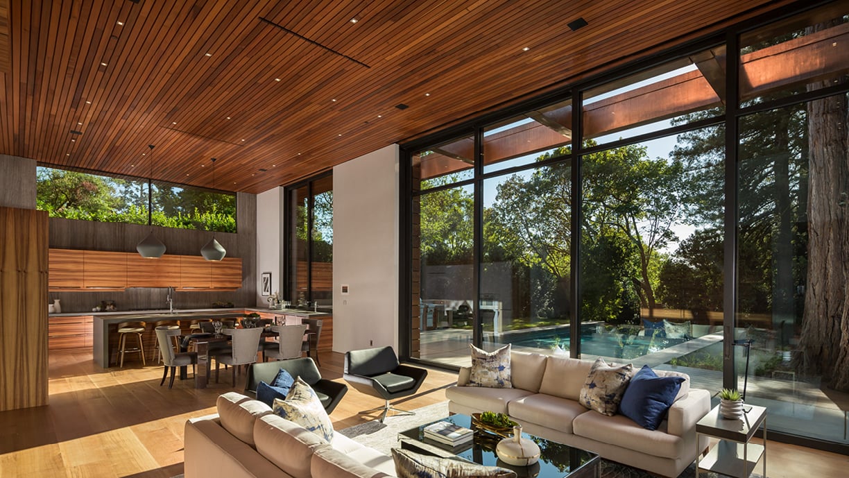 Interior great room featuring 14' ft tall Andersen Liftslide doors.