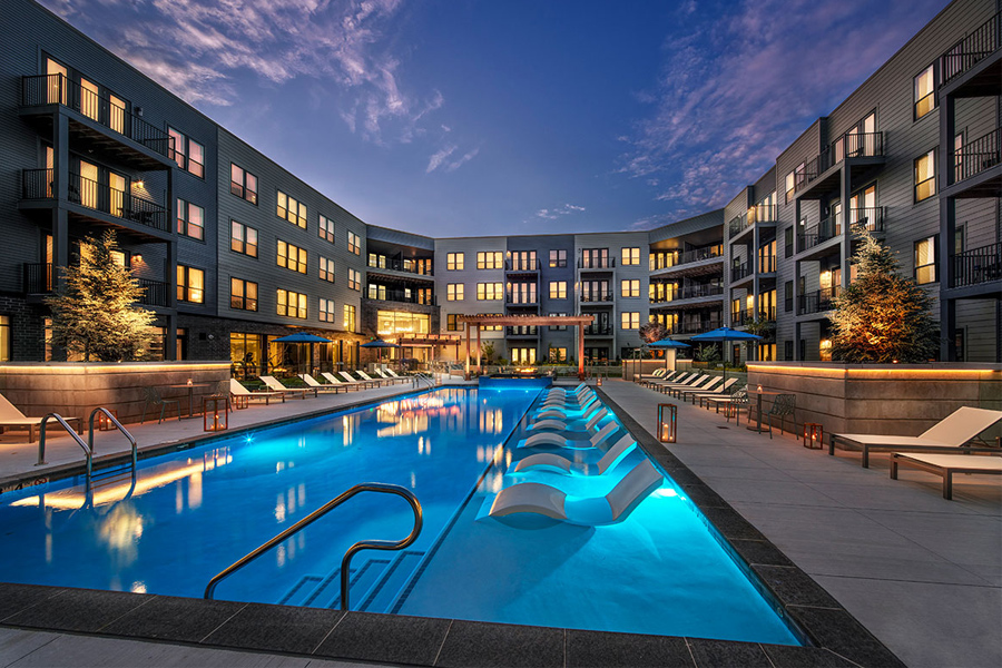Apartment with pool at sunset