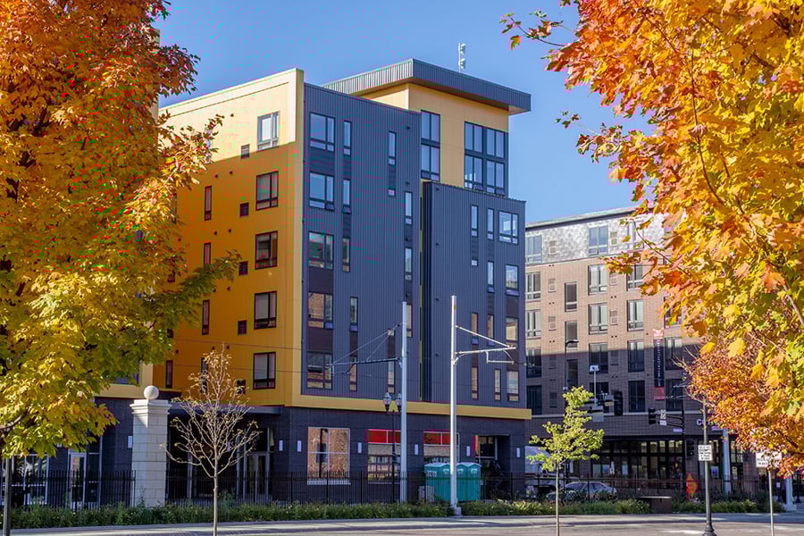Colorful city apartment set in fall with leaves changing colors