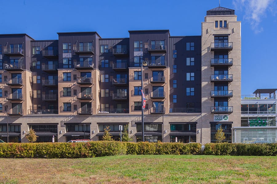 Brick apartment building with balonies