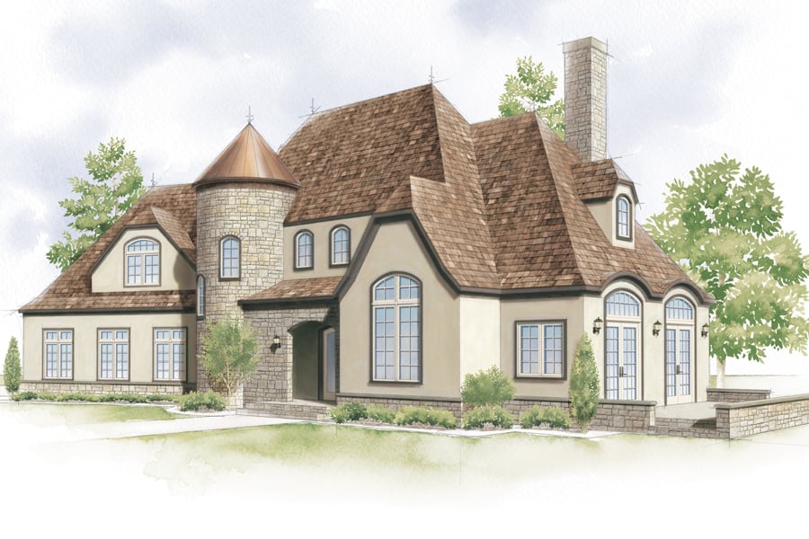 A drawing of a French Eclectic home.