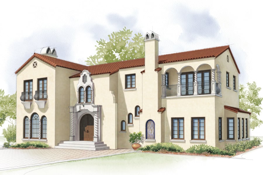 A drawing of a Spanish Colonial home.