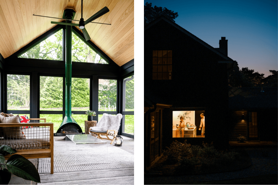 Side by side images of porch and oversized picture window in the kitchen-dining room