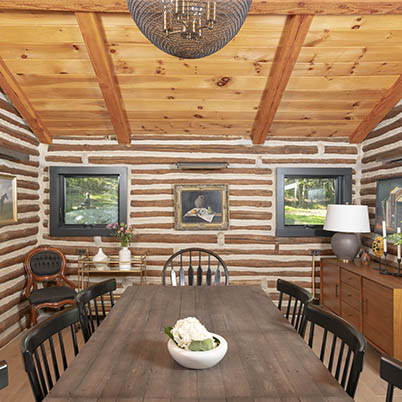 Upstate New York Modern Log Cabin Evan and Zosia Dining Room 400 Series Awning Windows