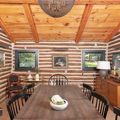 Upstate New York Modern Log Cabin Evan and Zosia Dining Room 400 Series Awning Windows