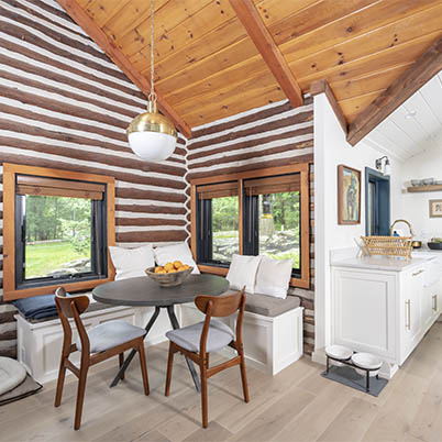Upstate New York Modern Log Cabin Evan and Zosia Dining Room 400 Series Casement Windows