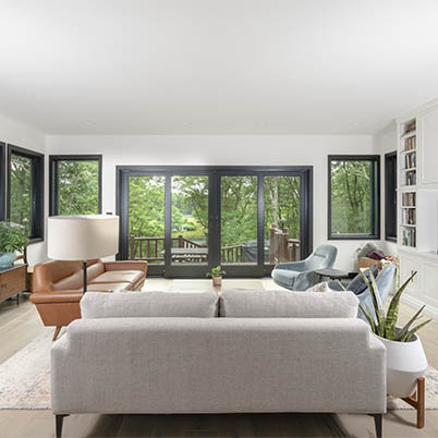 Upstate New York Modern Log Cabin Evan and Zosia Living Room A-Series Gliding Patio Door