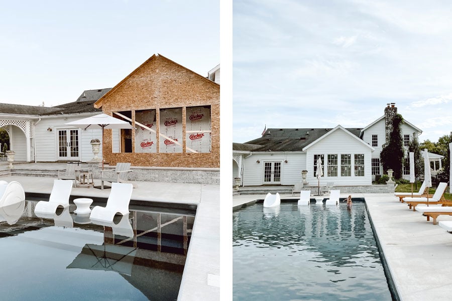 During construction and after, a new primary bedroom was added to the house facing the pool