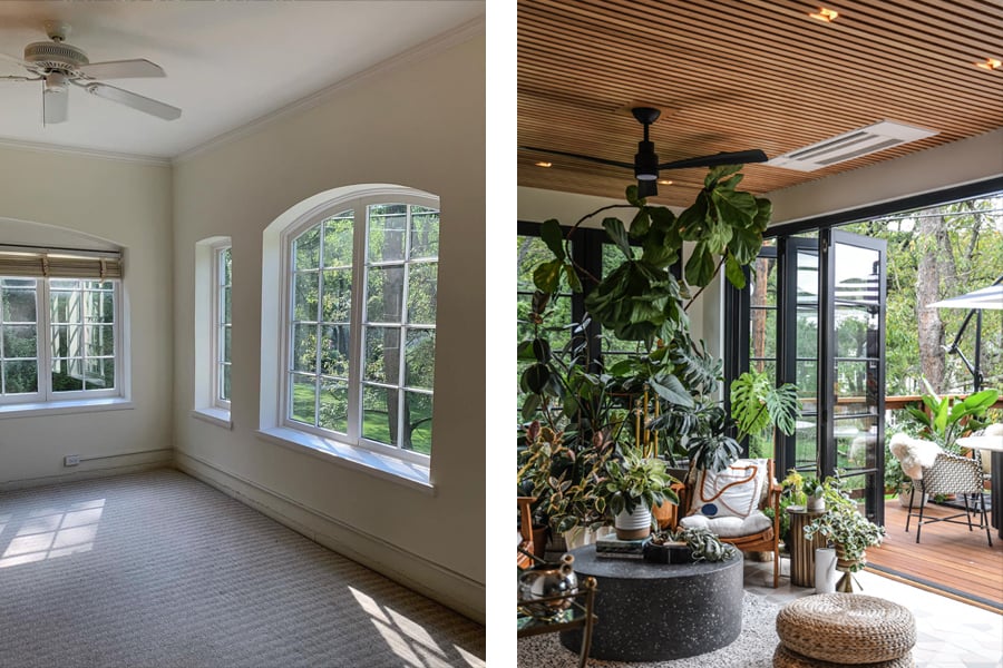 The photo on the left shows an empty room with a white rug and windows with white grilles. The photo on the right shows the same room with a black folding door in place of the windows and interior decorations. 