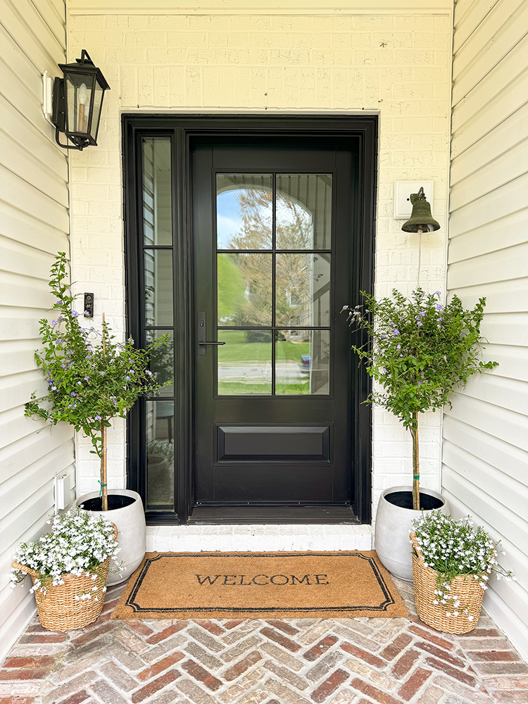 An entryway with potted plants and a welcome mat in front of a black front door with a rectangular grille pattern on the window and a matching sidelight.