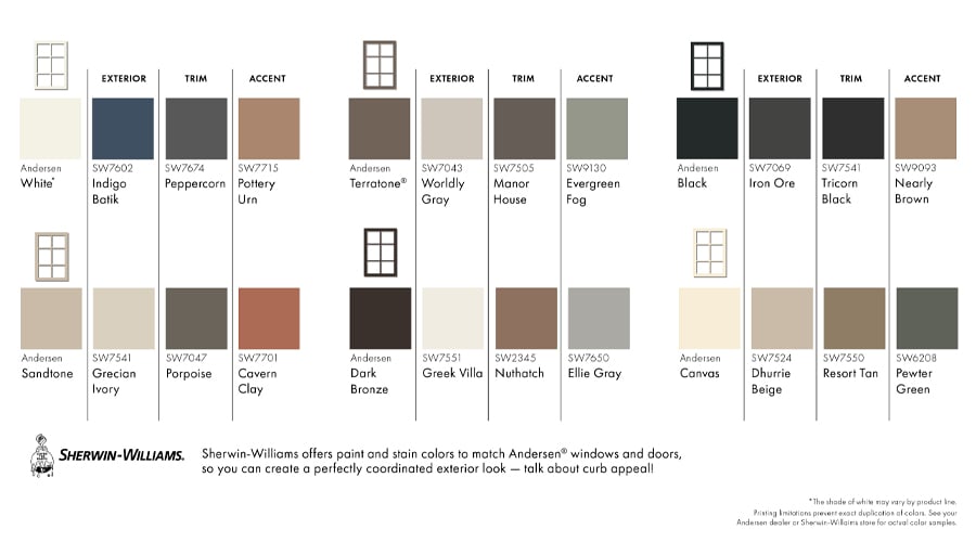 Six color palettes from Sherwin-Williams include recommendations for window, exterior, accent and trim colors.