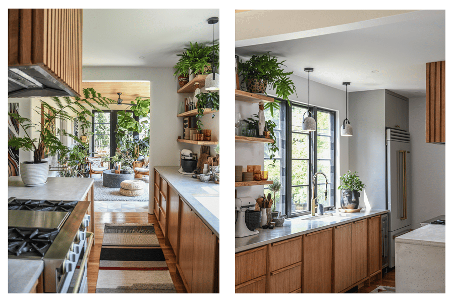 Looking from the kitchen into the sunroom, potted plants are everywhere