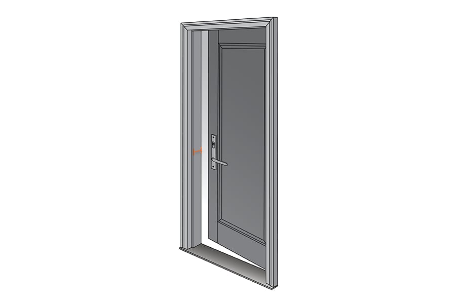 An illustration of an open front door showing where to measure jamb depth (or wall depth) when measuring your front door.