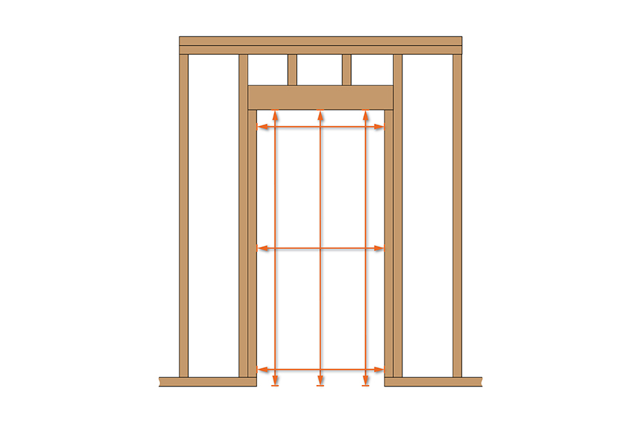 An illustration showing a framed-out wall with rough opening for door and lines indicating where to measure the rough opening for height and width when trying to determine the correct door size.