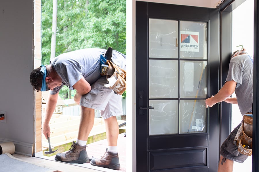 In the photo on the left, a contractor is preparing a rough opening in advance of installing a new door. In the photo on the right, a contractor makes an adjustment to the hinge connecting the panel and frame.