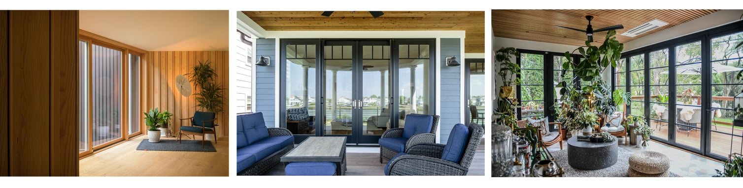 A home with white walls and hardwood floors, plants for decoration, and a gliding patio door. A porch with a four-panel A-Series Gliding Patio Door featuring French door styling. A living room with a lot of plants and a wall made of a black Folding Outswing Door with a horizontal grille pattern.