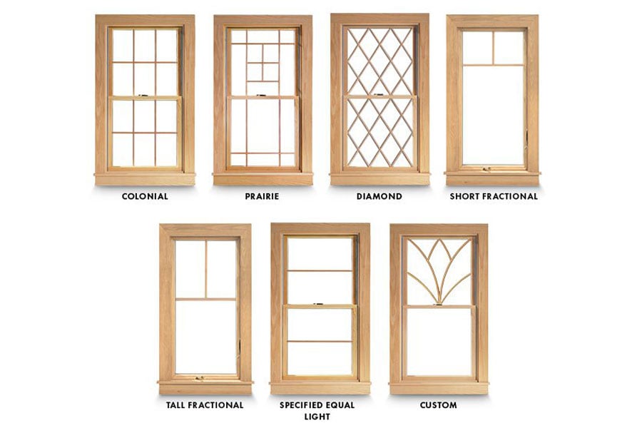 An illustration showing a few of our most popular grille patterns, including colonial, prairie, diamond, short fractional, tall fractional, specified equal light, and custom grille patterns.