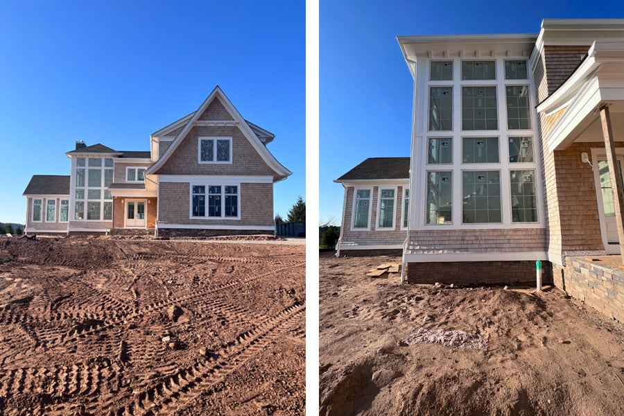 A stair tower is a distinguishing feature on this Hamptons-inspired house with cedar shake siding