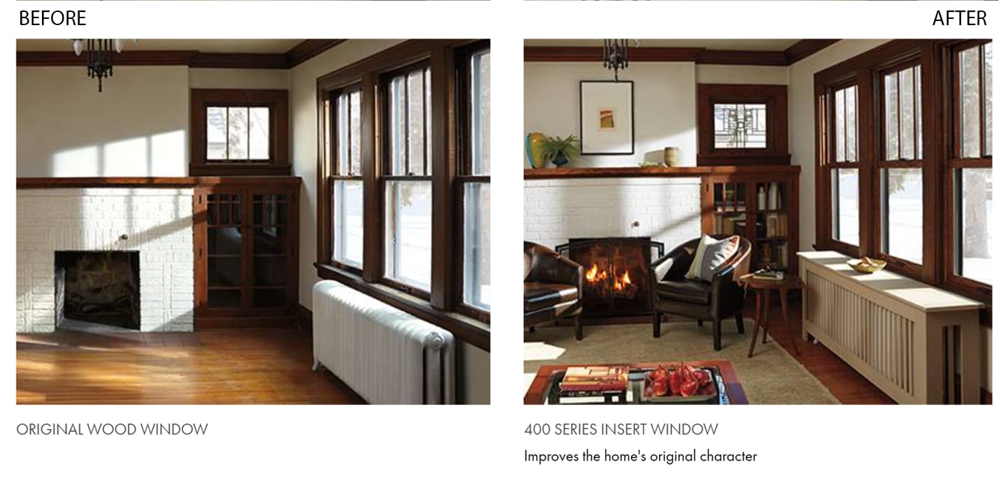 traditional home showing before and after using andersen wood and vinyl windows