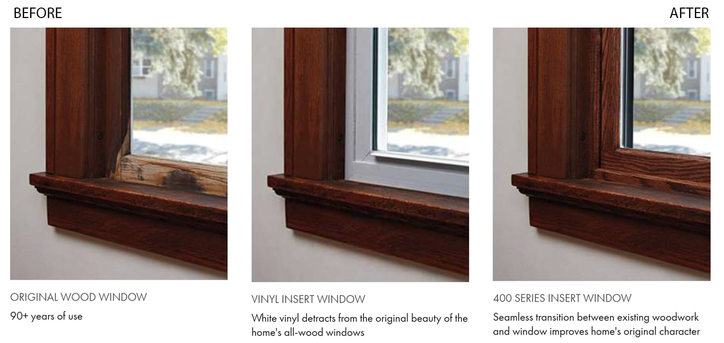 traditional home showing before and after using andersen wood and vinyl windows