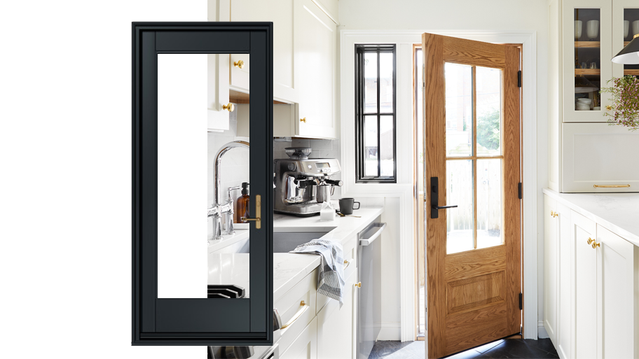 Modern white kitchen with a brown Andersen front entry door. 
