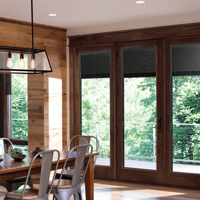 andersen a series hinged inswing patio door with blinds between the glass