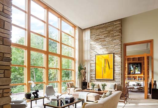 Living room with wood e-series picture windows