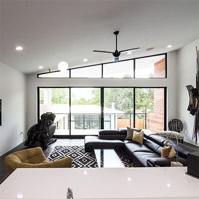living room with specialty designed custom windows