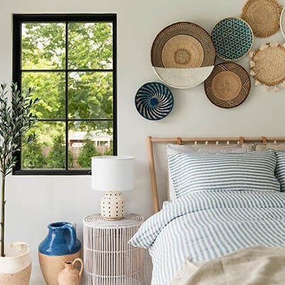 interior view of Scandinavian style bedroom with light blue accents