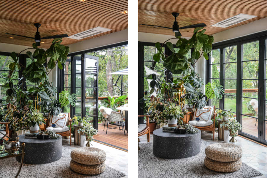 Left: The open Folding Outswing doors in Hilton Carter’s sunroom make for easy access to the deck outside.  Right: Even when closed, the Folding Outswing doors in Hilton Carter’s sunroom still let in lots of light 