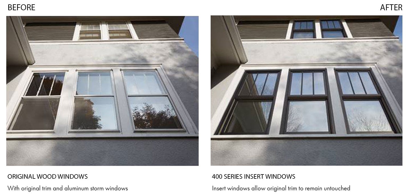 closeup of home with before and after images of windows